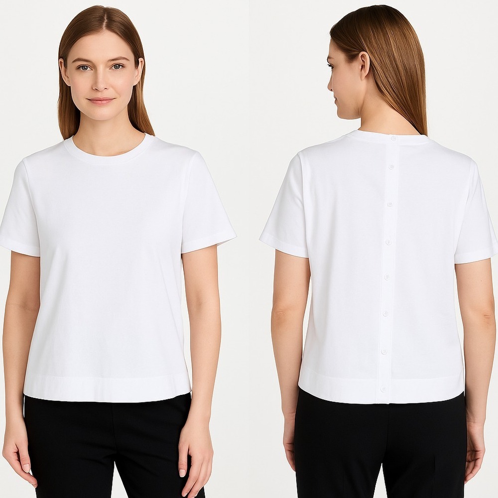 Anne Klein Button-Back Blouse Ivory White Size 4 Crepe Short Sleeve *FLAW*